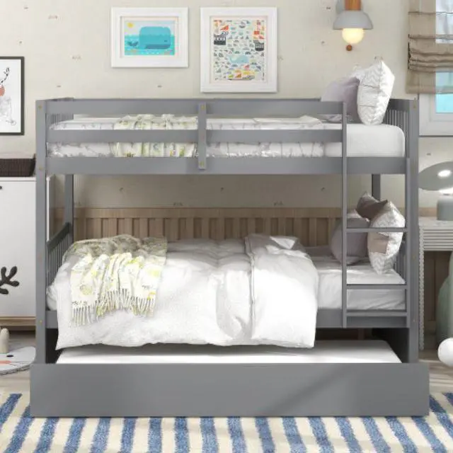 Alt view image 3 of 6 - Full Over Full Bunk Bed with Trundle Convertible to 2 Full Size Platform Bed Full Size Bunk Bed with Ladder and Safety Rails for Kids Teens Adults Gray