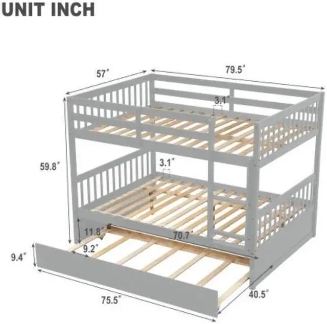 Alt view image 6 of 6 - Full Over Full Bunk Bed with Trundle Convertible to 2 Full Size Platform Bed Full Size Bunk Bed with Ladder and Safety Rails for Kids Teens Adults Gray