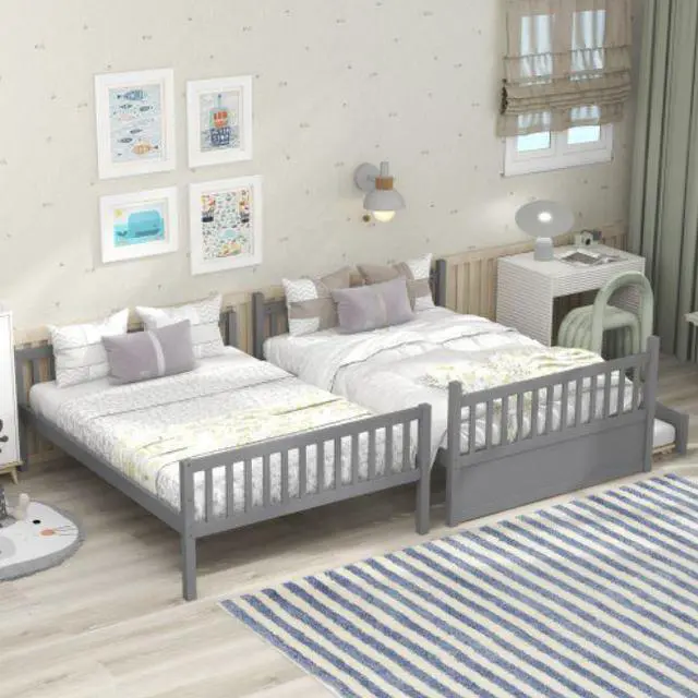 Alt view image 2 of 6 - Full Over Full Bunk Bed with Trundle Convertible to 2 Full Size Platform Bed Full Size Bunk Bed with Ladder and Safety Rails for Kids Teens Adults Gray