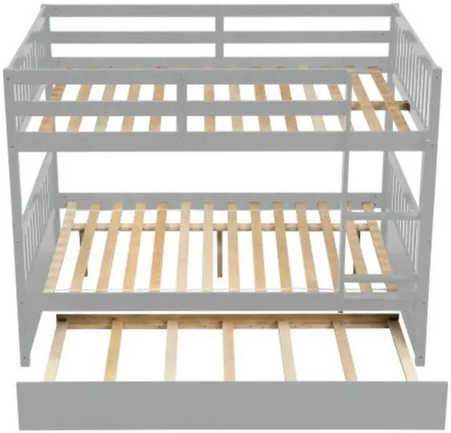 Alt view image 5 of 6 - Full Over Full Bunk Bed with Trundle Convertible to 2 Full Size Platform Bed Full Size Bunk Bed with Ladder and Safety Rails for Kids Teens Adults Gray
