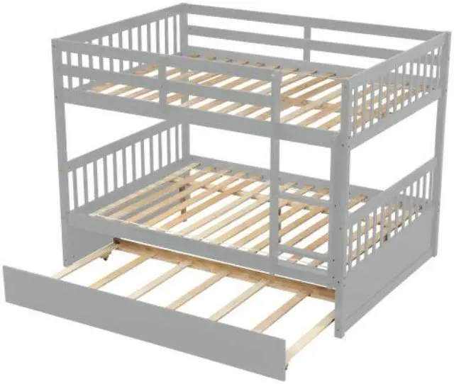 Alt view image 4 of 6 - Full Over Full Bunk Bed with Trundle Convertible to 2 Full Size Platform Bed Full Size Bunk Bed with Ladder and Safety Rails for Kids Teens Adults Gray