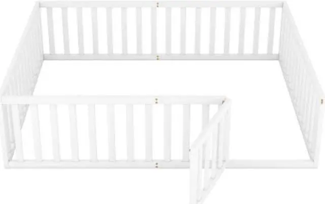 Alt view image 3 of 7 - Queen Size Wooden Cot Wood Floor Bed Frame with Fence and Door White