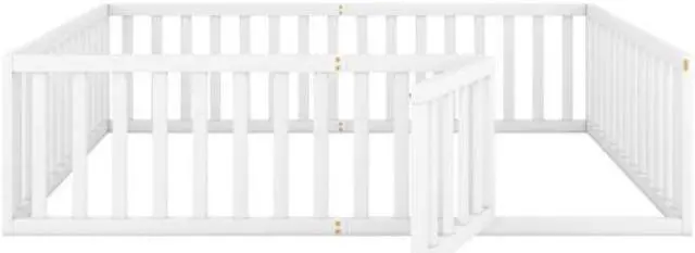 Alt view image 5 of 7 - Queen Size Wooden Cot Wood Floor Bed Frame with Fence and Door White