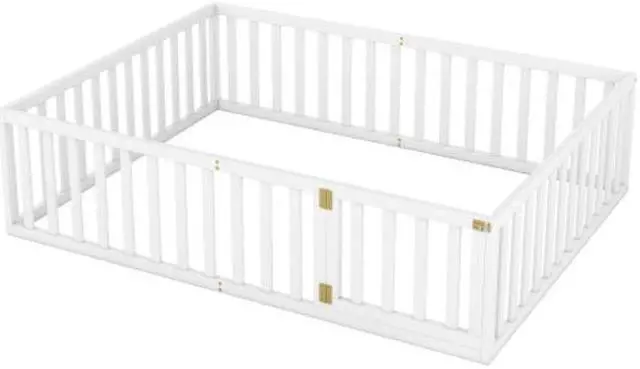 Alt view image 4 of 7 - Queen Size Wooden Cot Wood Floor Bed Frame with Fence and Door White