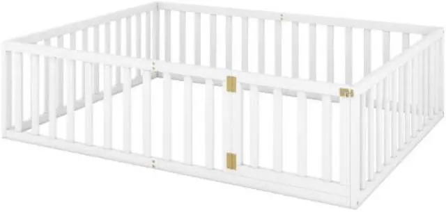 Alt view image 6 of 7 - Queen Size Wooden Cot Wood Floor Bed Frame with Fence and Door White