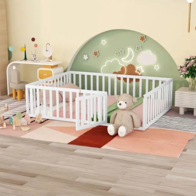 Main image of Queen Size Wooden Cot Wood Floor Bed Frame with Fence and Door White