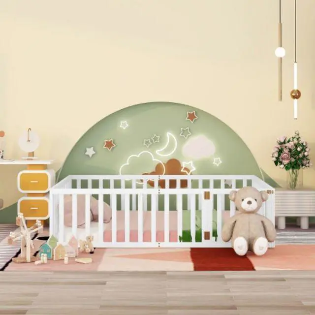 Alt view image 2 of 7 - Queen Size Wooden Cot Wood Floor Bed Frame with Fence and Door White