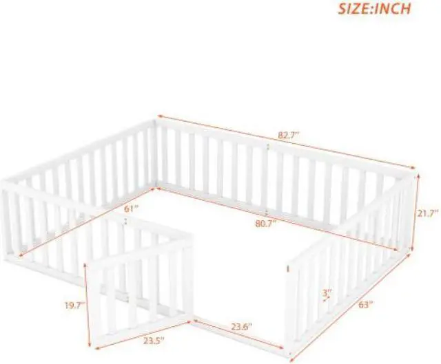 Alt view image 7 of 7 - Queen Size Wooden Cot Wood Floor Bed Frame with Fence and Door White