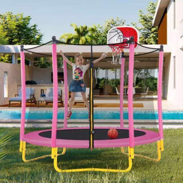 Main image of 5.5FT Trampoline for Kids - 65" Outdoor & Indoor Mini Toddler Trampoline with Enclosure, Basketball Hoop and Ball Included
