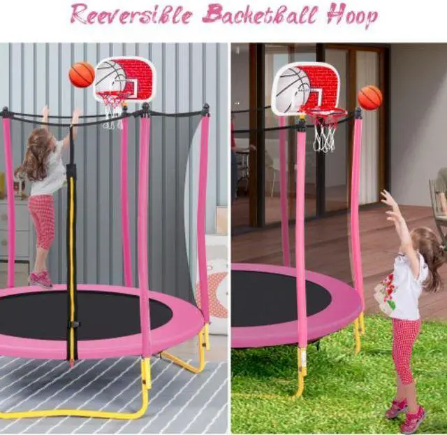 Alt view image 5 of 6 - 5.5FT Trampoline for Kids - 65" Outdoor & Indoor Mini Toddler Trampoline with Enclosure, Basketball Hoop and Ball Included