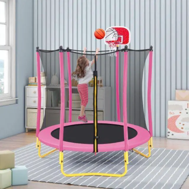 Alt view image 2 of 6 - 5.5FT Trampoline for Kids - 65" Outdoor & Indoor Mini Toddler Trampoline with Enclosure, Basketball Hoop and Ball Included