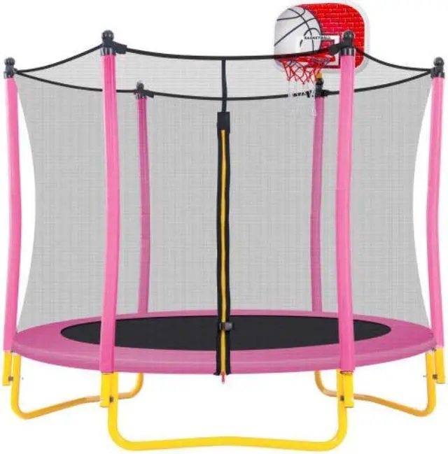 Alt view image 3 of 6 - 5.5FT Trampoline for Kids - 65" Outdoor & Indoor Mini Toddler Trampoline with Enclosure, Basketball Hoop and Ball Included