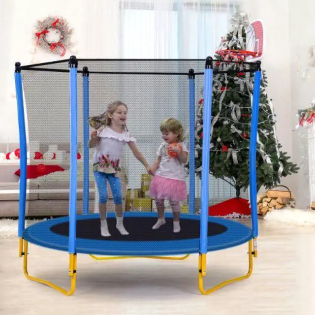 Main image of 5.5FT Trampoline for Kids - 65" Outdoor & Indoor Mini Toddler Trampoline with Enclosure, Basketball Hoop and Ball Included  Blue