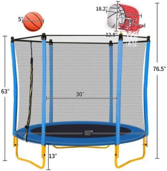 Alt view image 7 of 7 - 5.5FT Trampoline for Kids - 65" Outdoor & Indoor Mini Toddler Trampoline with Enclosure, Basketball Hoop and Ball Included  Blue