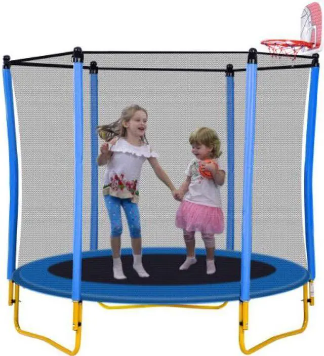 Alt view image 3 of 7 - 5.5FT Trampoline for Kids - 65" Outdoor & Indoor Mini Toddler Trampoline with Enclosure, Basketball Hoop and Ball Included  Blue