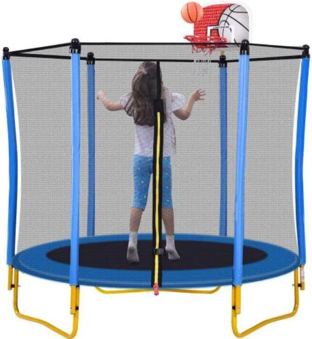 Alt view image 4 of 7 - 5.5FT Trampoline for Kids - 65" Outdoor & Indoor Mini Toddler Trampoline with Enclosure, Basketball Hoop and Ball Included  Blue