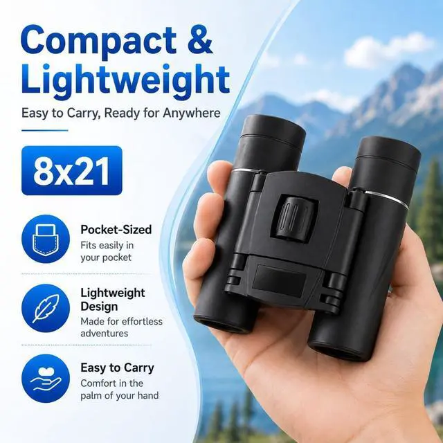 Alt view image 2 of 7 - 8x21 Compact Binoculars for Adults & Kids, Lightweight Pocket Binoculars with Carrying Bag, Neck Strap & Cleaning Cloth for Bird Watching, Hiking, Travel