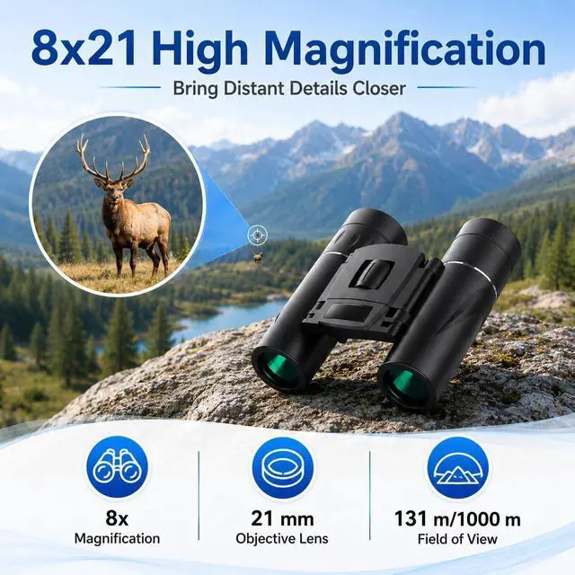 Alt view image 3 of 7 - 8x21 Compact Binoculars for Adults & Kids, Lightweight Pocket Binoculars with Carrying Bag, Neck Strap & Cleaning Cloth for Bird Watching, Hiking, Travel
