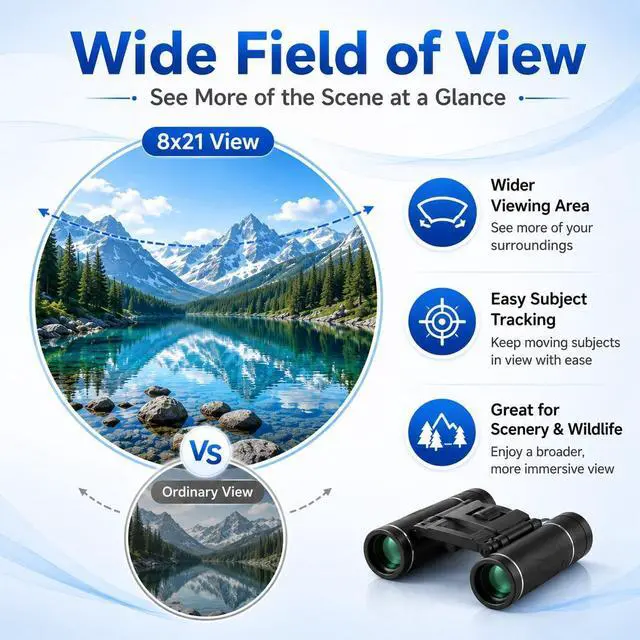 Alt view image 4 of 7 - 8x21 Compact Binoculars for Adults & Kids, Lightweight Pocket Binoculars with Carrying Bag, Neck Strap & Cleaning Cloth for Bird Watching, Hiking, Travel