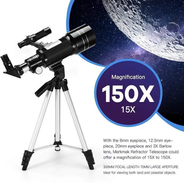 Alt view image 2 of 6 - Telescope for Kids & Adults, 70mm Aperture 300mm Telescopes for Astronomy Beginners, 15X-150X Magnification Portable Refractor Telescope with Adjustable Tripod,Black