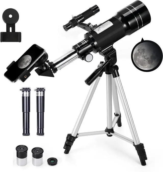 Main image of Telescope for Kids & Adults, 70mm Aperture 300mm Telescopes for Astronomy Beginners, 15X-150X Magnification Portable Refractor Telescope with Adjustable Tripod,Black