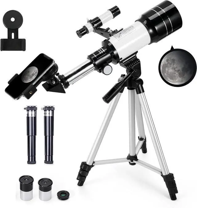 Main image of Telescope for Kids & Adults, 70mm Aperture 300mm Telescopes for Astronomy Beginners, 15X-150X Magnification Portable Refractor Telescope with Adjustable Tripod, Phone Adapter,White