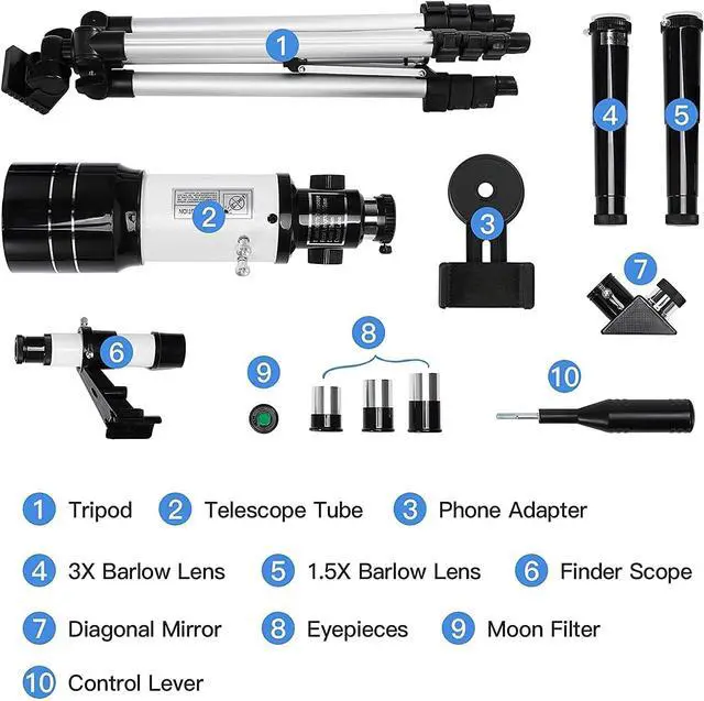 Alt view image 6 of 6 - Telescope for Kids & Adults, 70mm Aperture 300mm Telescopes for Astronomy Beginners, 15X-150X Magnification Portable Refractor Telescope with Adjustable Tripod, Phone Adapter,White