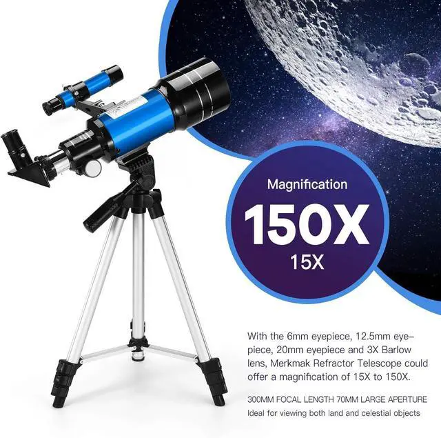 Alt view image 2 of 6 - Telescope for Kids & Adults, 70mm Aperture 300mm Telescopes for Astronomy Beginners, 15X-150X Magnification Portable Refractor Telescope with Adjustable Tripod, Phone Adapter,Blue