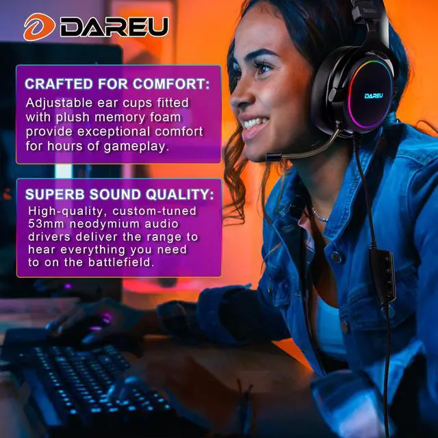 Alt view image 6 of 7 - Dareu EH925 Wired Gaming Headset - 7.1 Surround Sound - Memory Foam Ear Pads - 53MM Drivers - Detachable Microphone - Multi Platforms Black Headphone - Works with PC, PS4/3 & Xbox One/Series X, NS