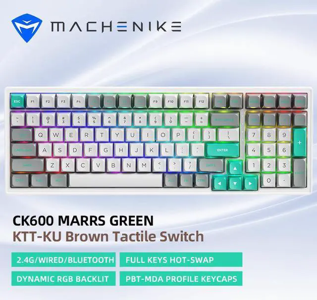 Alt view image 7 of 7 - MACHENIKE CK600 Gaming Keyboard, Tri-mode Dynamic RGB Ambient Light, 3000mAh Endurance, PBT-MDA Profile Cap,100 Key 96% Layout, Marrs Green KTT-KU Brown Tactile Switch