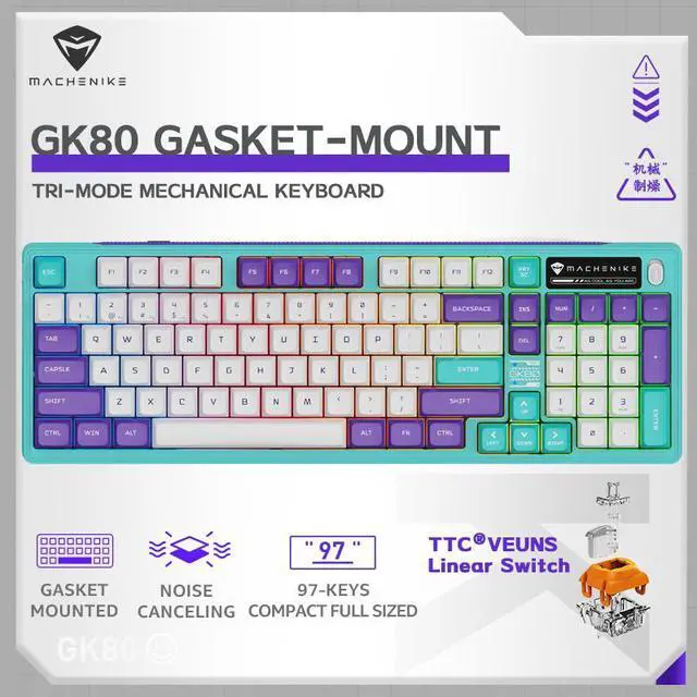 Alt view image 3 of 7 - MACHENIKE GK80 Gaming Keyboard Tri-Mode Gasket-Mounted Structure,97Keys Layout, N Key Rollover,4000mah Endurance, Full RGB Backlit ,Audio Visualizer  Effect,TTC High-Speed Rail Structure Linear Switch