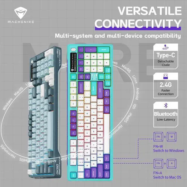 Alt view image 7 of 7 - MACHENIKE GK80 Gaming Keyboard Tri-Mode Gasket-Mounted Structure,97Keys Layout, N Key Rollover,4000mah Endurance, Full RGB Backlit ,Audio Visualizer  Effect,TTC High-Speed Rail Structure Linear Switch