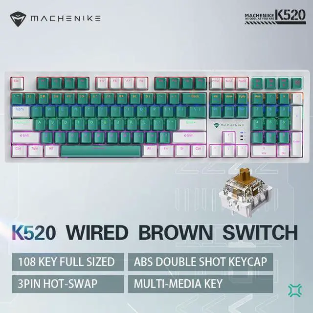 Alt view image 7 of 7 - MACHENIKE K520 Wired Mechanical Keyboard 108Key Full Size,RGB Sidelit 20 LED Light Efect,Multi-Media Key,3Pin Hot-Swap -  Brown Switch