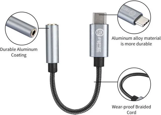 Alt view image 5 of 7 - ApeSonic Pebble : USB C (Type C) Audio Adaptor, ALC4050 High Resolution DAC, to 3.5mm AUX, 32bit 384kHz Hi Res, Class G Amp, Aluminum Casing, Texture Cable, Replace 3.5mm Jack of Smart Phone