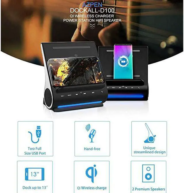 Alt view image 5 of 7 - Dockall D100 Qi Wireless Charger Bluetooth Premium Speakers Docking Station with Built in Mic Handsfree call 3 in 1 Station for iPhone and Samsung phone