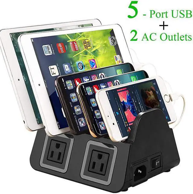 Main image of USB Ports Charging Station Organizer for Multiple Devices QC 20 Fast Charging Desktop Stand for Apple Android Phone Tablet 1600W 2 AC Power Outlets Charger Dock for Home Office 3 Prong Cord Black