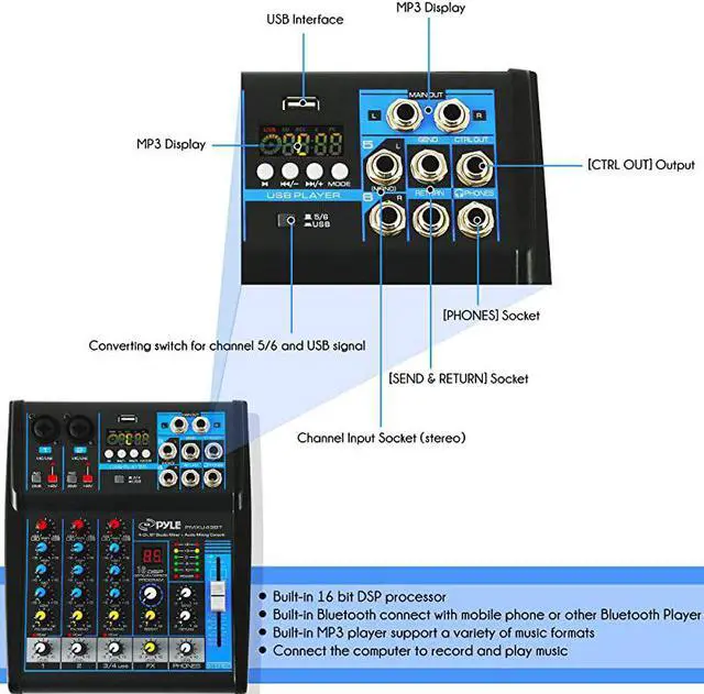 Alt view image 4 of 7 - Professional Audio Mixer Sound Board Console System Interface 4 Channel Digital USB Bluetooth MP3 Computer Input 48V Phantom Power Stereo DJ Studio Streaming FX 16Bit DSP processor PMXU43BT Black