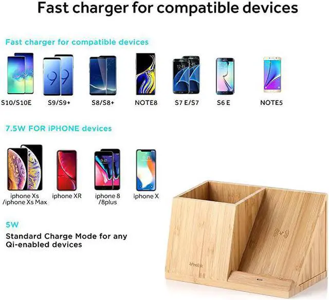 Alt view image 6 of 7 - Bamboo Wireless Charger with Organizer Wood Wireless Charging Station for iPhone 11 X 8 Plus and Samsung S7 Edge S8 Plus S9 Plus Note 8