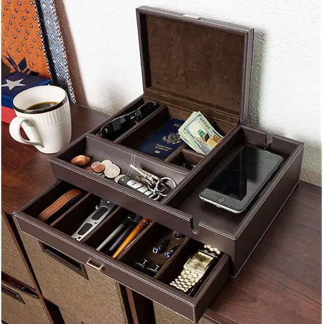 Alt view image 6 of 6 - Admiral Big Dresser Valet Box amp Mens Jewelry Box Organizer with Large Smartphone Charging Station Dark Brown