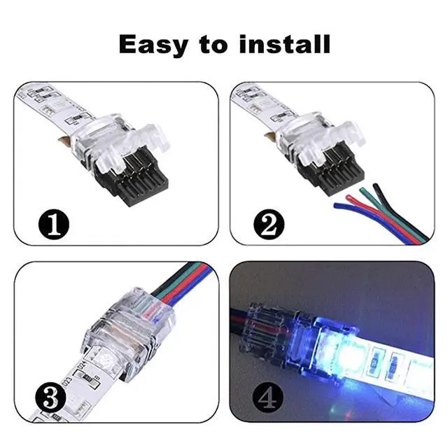 Alt view image 6 of 7 - 4Pin RGB LED Strip Connector Kit include 164FT RGB Extension Cable 2x T L Shape Connectors 4x Strip Jumper 2x Gapless Connector 20x LED Strip Clip 20x Male Connector 2x Quick Connector