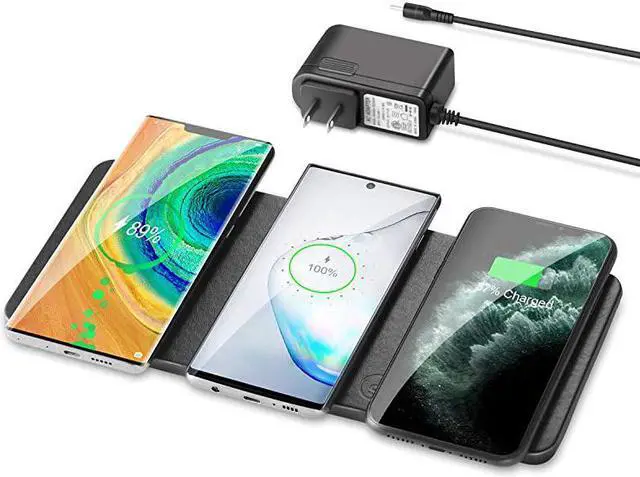 Main image of Wireless Charging Pad  QiCertified UltraSlim Triple Wireless Charger Station for Multiple 3 Devices amp New Airpods Ultra Slim Leather Mat WAC Adapter for All Qi Enabled Phones Black