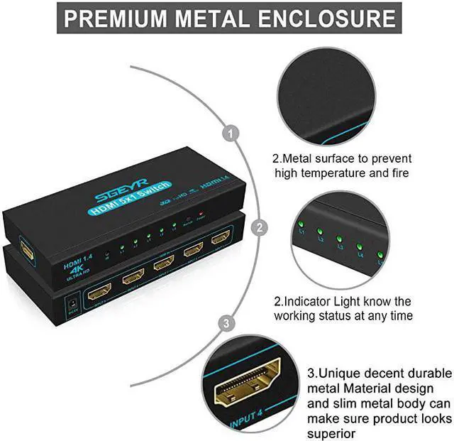 Alt view image 2 of 6 - HDMI Switch  5x1 HDMI Switcher 5 in 1 Out HDMI Switch Selector 5 Port Box with IR Remote Control HDMI 14 HDCP 14 Support 4K30Hz Ultra HD 3D 2160P 1080P