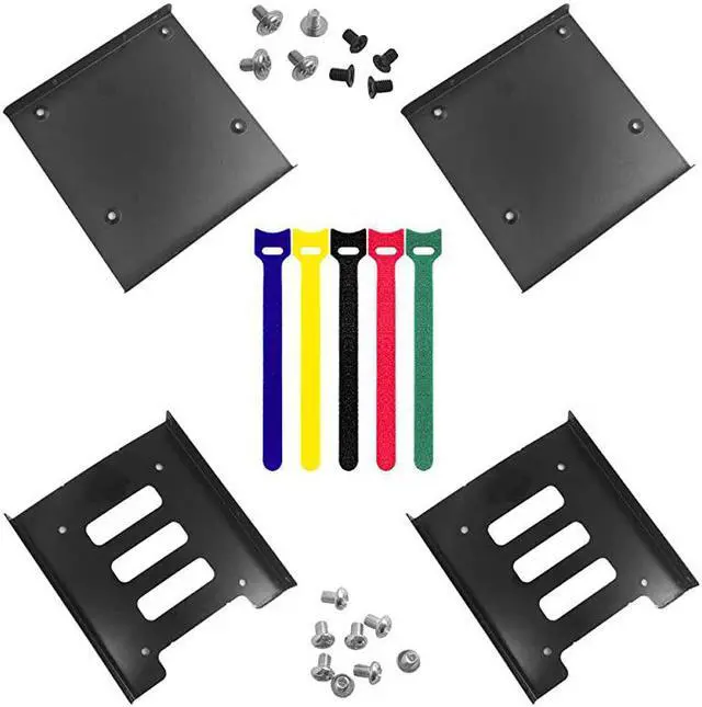 Main image of 4 Pack SSD Mounting Bracket Kit 2.5" to 3.5" Drive Bay, Metal Mounting Bracket Adapter Hard Drive Holder with 10 Assorted Colors Reusable Cord Organizer