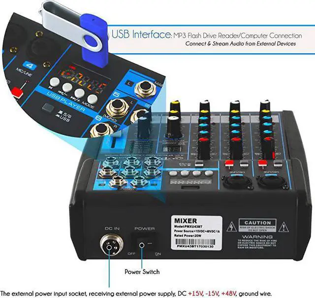Alt view image 3 of 7 - Professional Audio Mixer Sound Board Console System Interface 4 Channel Digital USB Bluetooth MP3 Computer Input 48V Phantom Power Stereo DJ Studio Streaming FX 16Bit DSP processor PMXU43BT Black