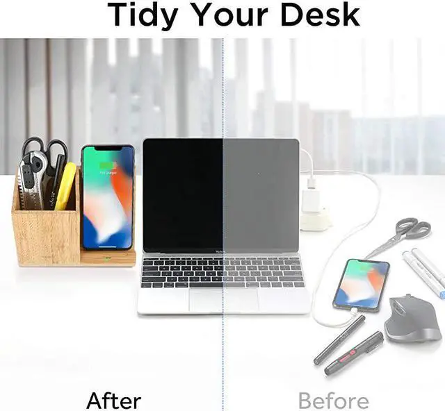 Alt view image 2 of 7 - Bamboo Wireless Charger with Organizer Wood Wireless Charging Station for iPhone 11 X 8 Plus and Samsung S7 Edge S8 Plus S9 Plus Note 8