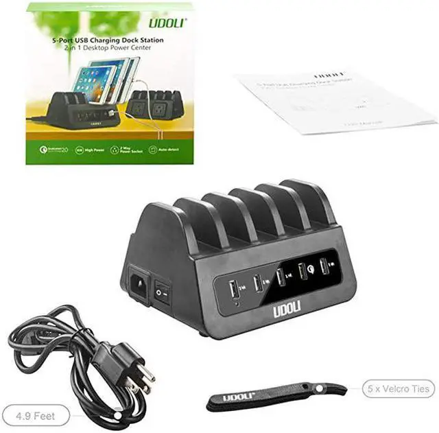 Alt view image 7 of 7 - USB Ports Charging Station Organizer for Multiple Devices QC 20 Fast Charging Desktop Stand for Apple Android Phone Tablet 1600W 2 AC Power Outlets Charger Dock for Home Office 3 Prong Cord Black