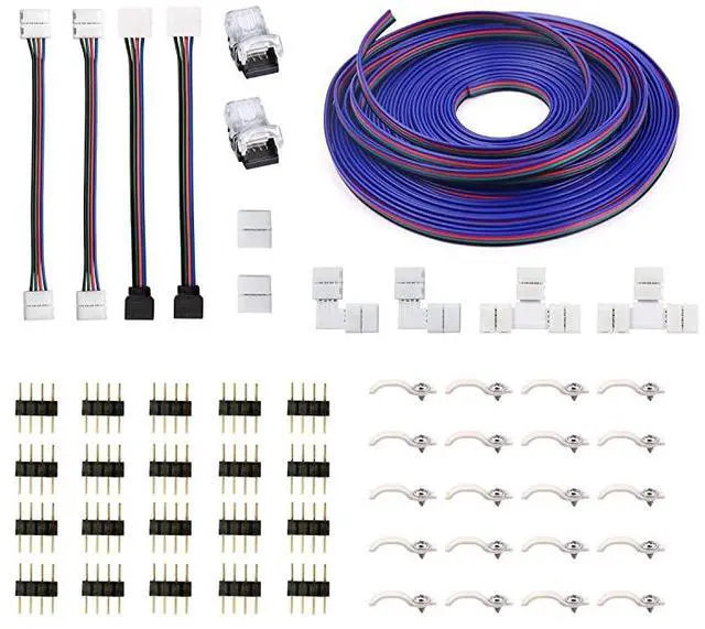 Main image of 4Pin RGB LED Strip Connector Kit include 164FT RGB Extension Cable 2x T L Shape Connectors 4x Strip Jumper 2x Gapless Connector 20x LED Strip Clip 20x Male Connector 2x Quick Connector