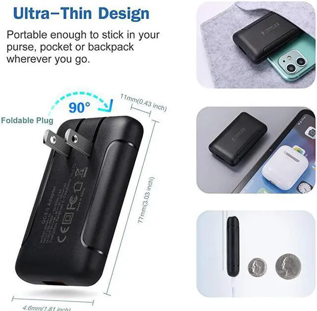 Alt view image 5 of 7 - Quick Charging 3.0,  2 Pack 18W QC 3.0 Fast Charging Charger Block Slim Flat Wall Charger Compatible with Wireless Charger,Galaxy S10 S9 S8 Plus Note 8 9 10+,iPhone 11 Pro Max/XR/XS/Max-Black