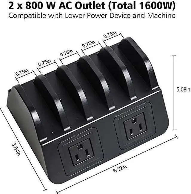 Alt view image 4 of 7 - USB Ports Charging Station Organizer for Multiple Devices QC 20 Fast Charging Desktop Stand for Apple Android Phone Tablet 1600W 2 AC Power Outlets Charger Dock for Home Office 3 Prong Cord Black
