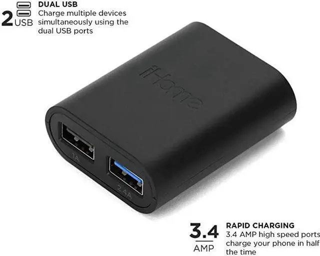 Alt view image 2 of 4 - AC Pro 34 Amp 2Port USB Wall or Travel Charger Flat Foldable Plug for iPhone 11 11 Pro 11 Pro Max Xs Xs Max XR X 8 Airpods iPad Samsung Galaxy Android More Black